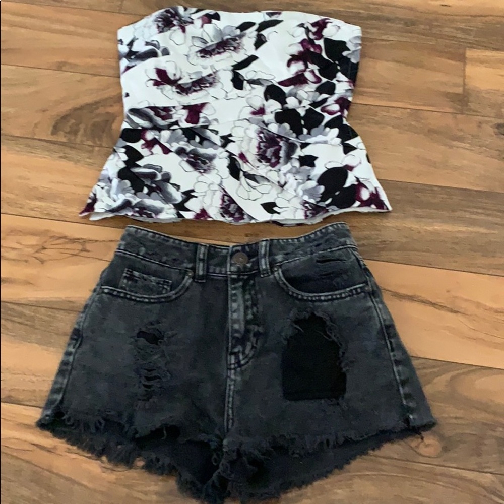 Distressed black denim shorts